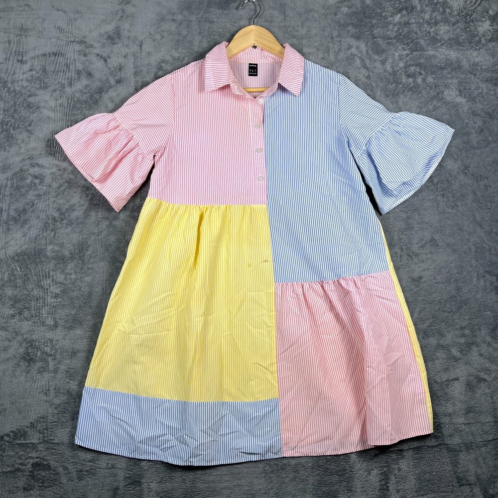 Shein Shirt Dress Womens 4 Multicolor Asymmetrical Striped Colorblock Pleated